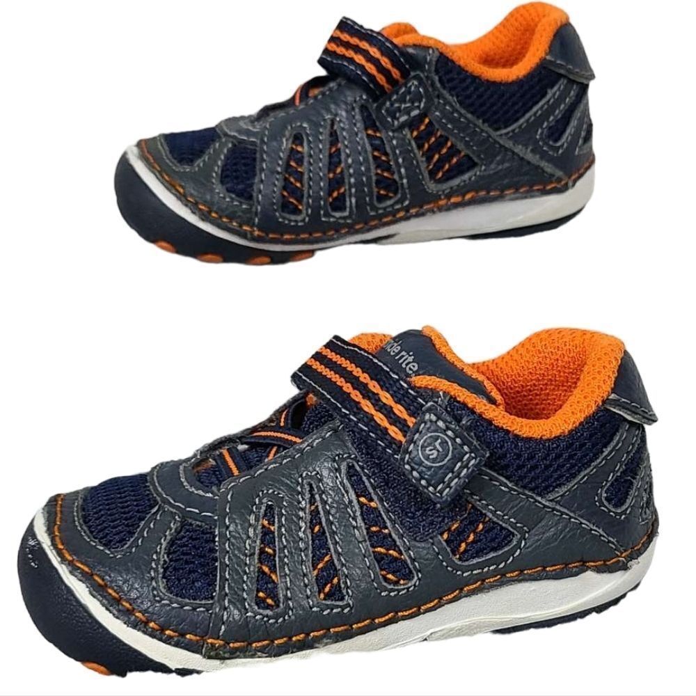 Stride Rite SRT Soft Motion Chip Leather Mesh Velcro Strap Sneakers Blue Orange